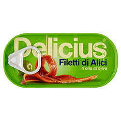Delicius filetti di alici (anchovy fillets) in olive oil packaging on a white background