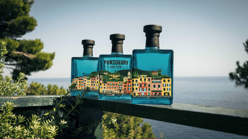 Porotfino Dry Gin beautiful label on blue bottle in the italian riviera premium best spirit