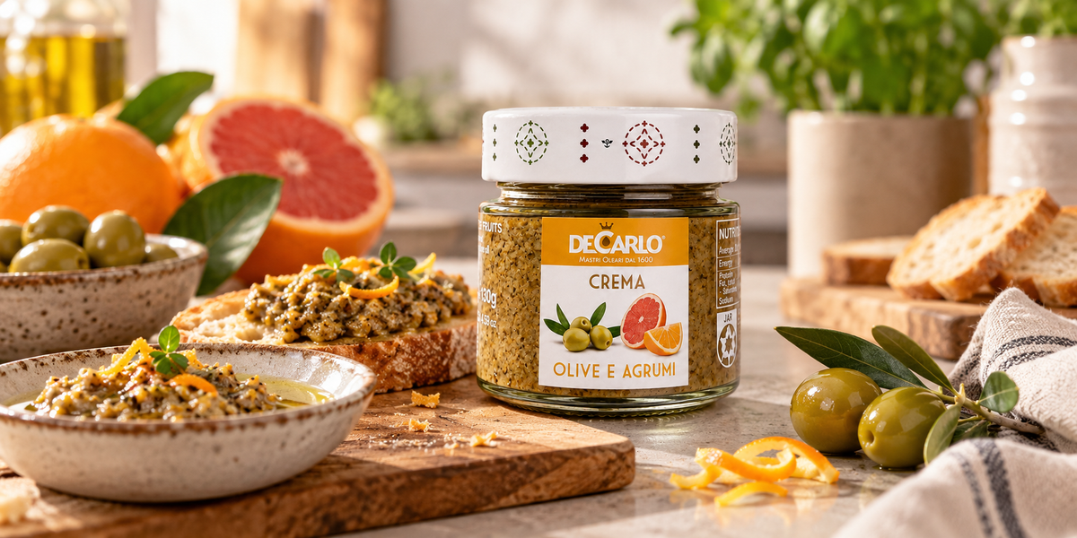 A jar of DeCarlo Crema Olive e Agrum spread styled on a wooden board with bread, olives, citrus, and herbs in a warm kitchen setting.