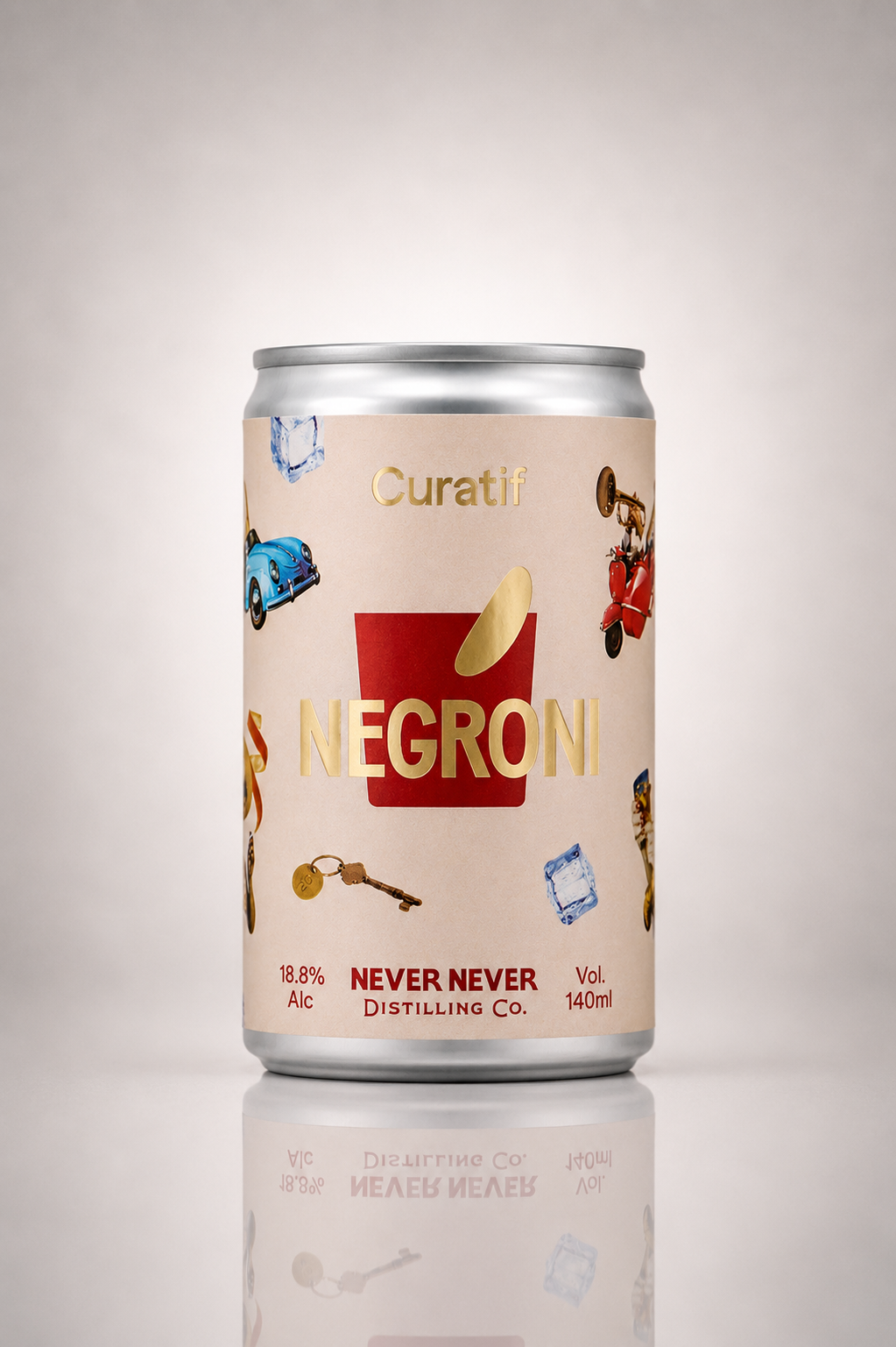 Curatii Negroni can with colorful graphics on a light gray background
