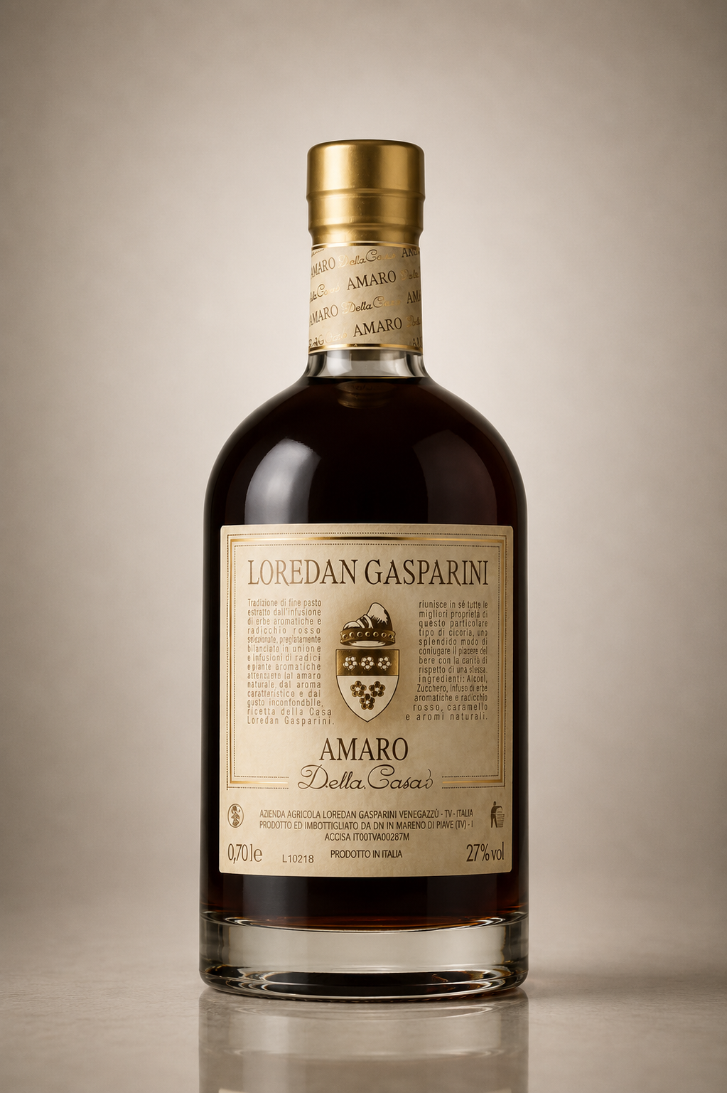Bottle of Loredan Gasparini Amaro on a beige background
