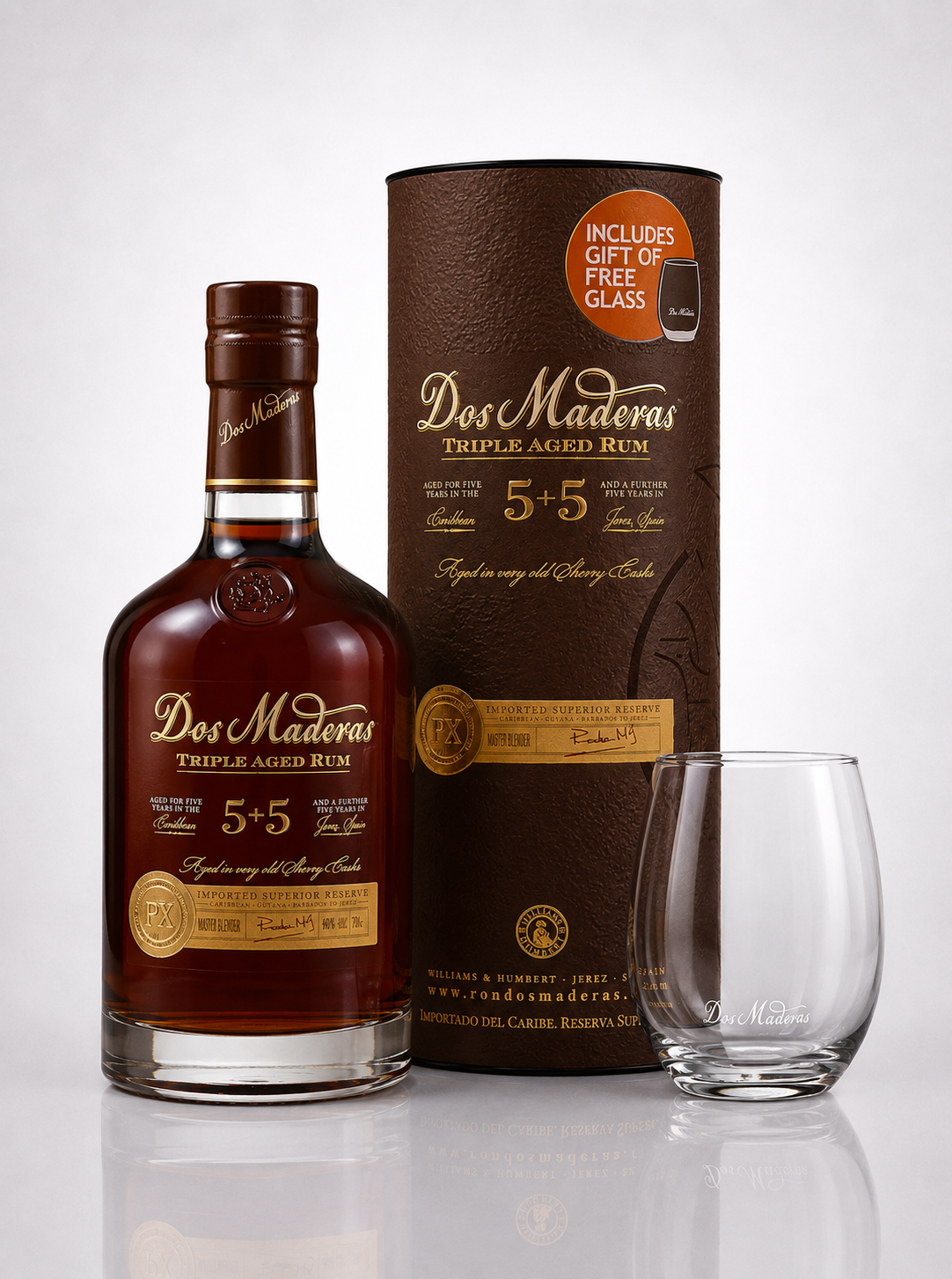 Dos Maderas triple aged rum bottle, box, and glass 