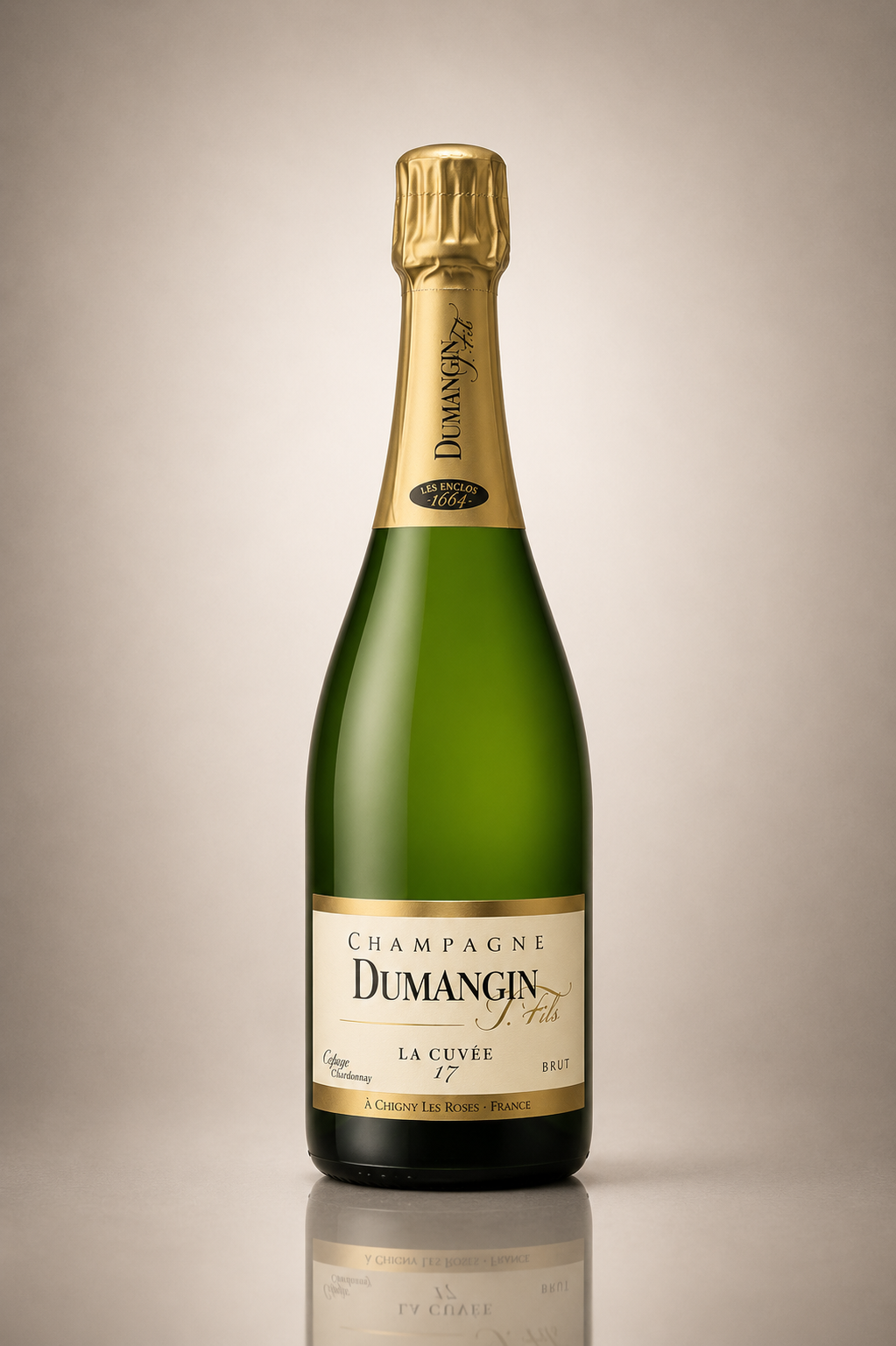 Champagne bottle with gold and green label on a beige background