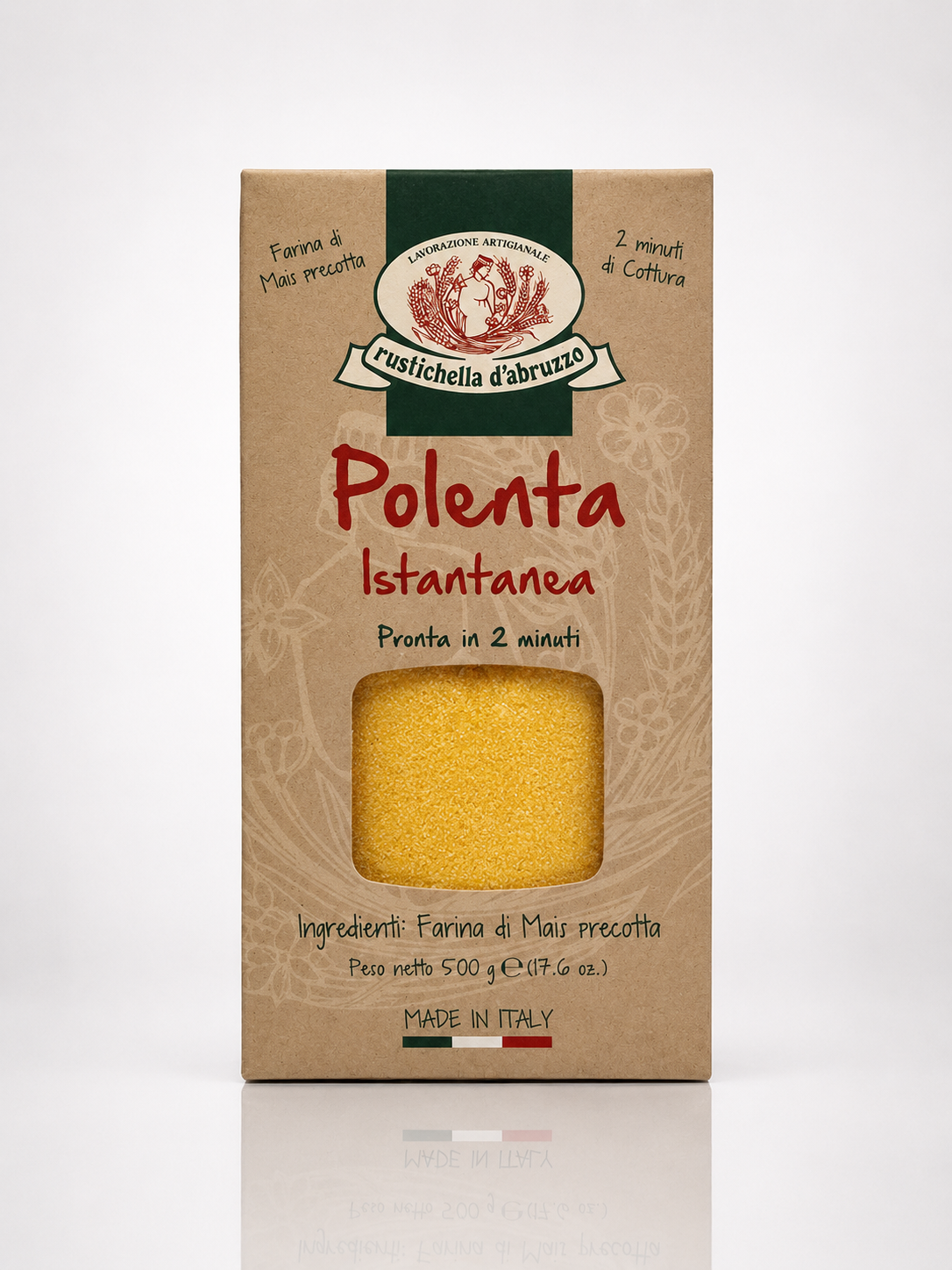 Box of Rustichella d'Abruzzo Polenta Instantanea on a white background