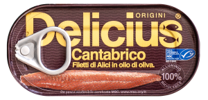 Delicius Cantabrico anchovy can with olive oil on a brown background