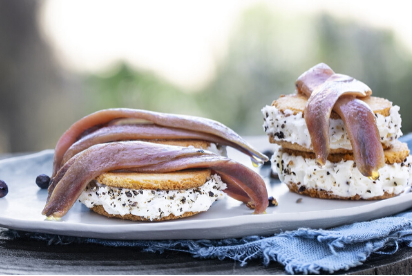 delicius cantabrian anchovies prepared with cheese and crackers on a plate outdoors