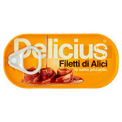 Delicius filetti di alici (anchovy filllet in spicy sauce) can on a white background