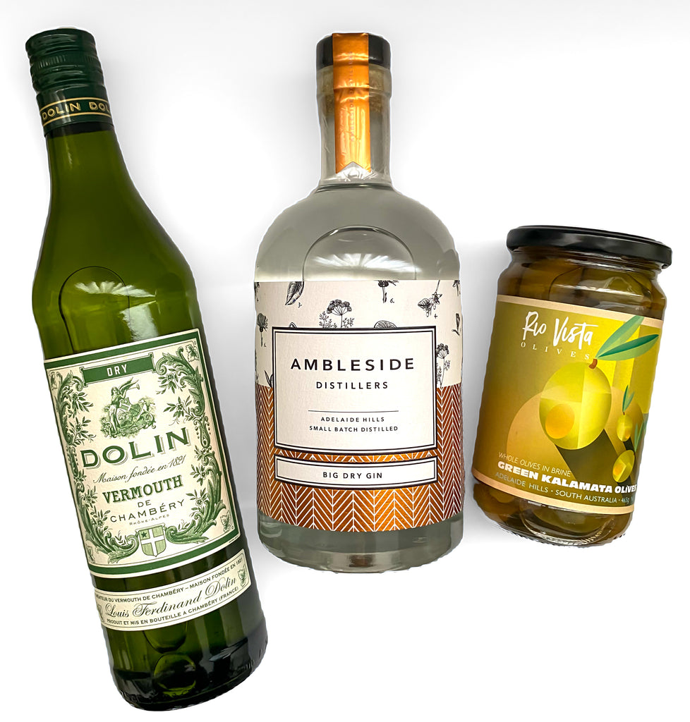 Big Dry Martini Kit featuring Ambleside Distillers Big Dru Gin French Dolin Dry Vermouth and Premium Adelaide Hills Green olives