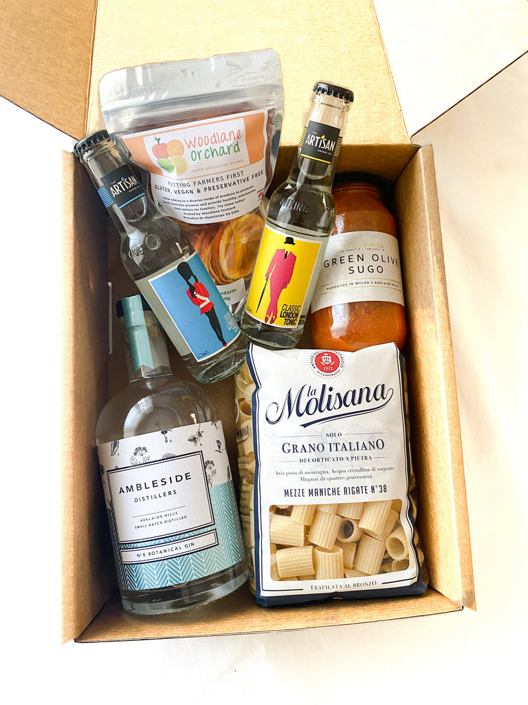 ultimate new baby, get well, thinking of you gift hamper. contains pasta meal and gin and tonic kit